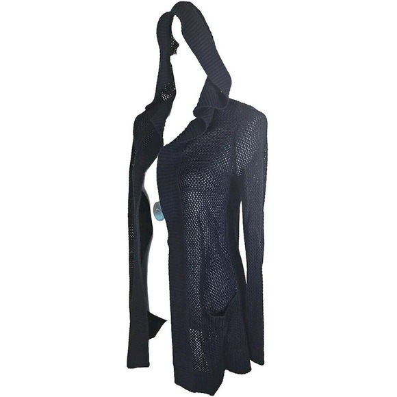 Talbots ~Woman Size S~ Navy Cardigan Crochet Hoodie Cotton Open Front Pockets. - Picture 8 of 9